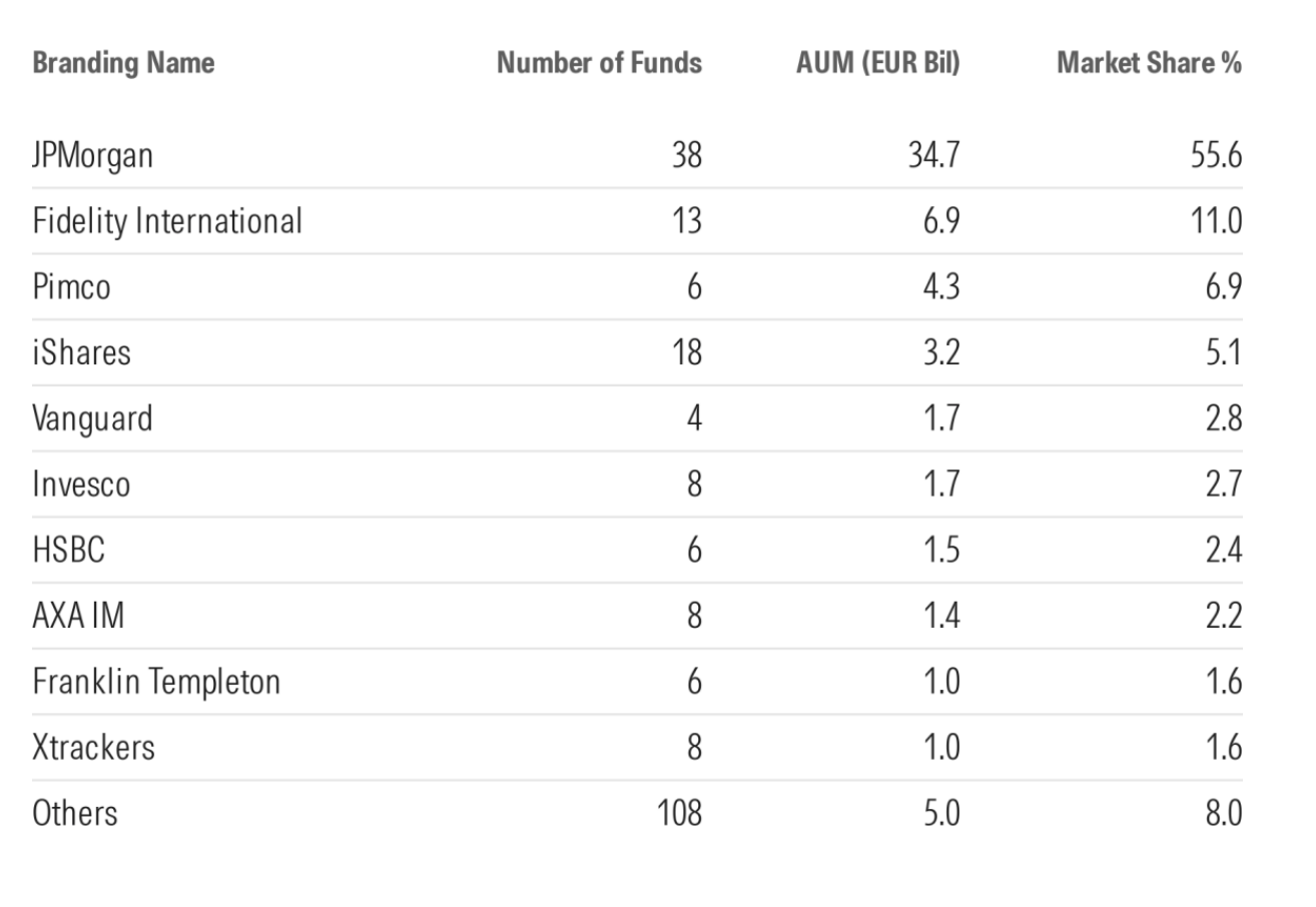Table listing the largest providers of Active ETFs in the European market, ranked by Assets Under Management (AUM) in EUR Billion. JPMorgan is the dominant provider, holding 38 funds, €34.7 billion in AUM, and a commanding 55.6% market share. Fidelity International is the second-largest, with 13 funds, €6.9 billion in AUM, and 11.0% market share. Pimco, iShares, and Vanguard round out the top five, with the remaining 108 funds from 'Others' collectively accounting for only 8.0% of the market.