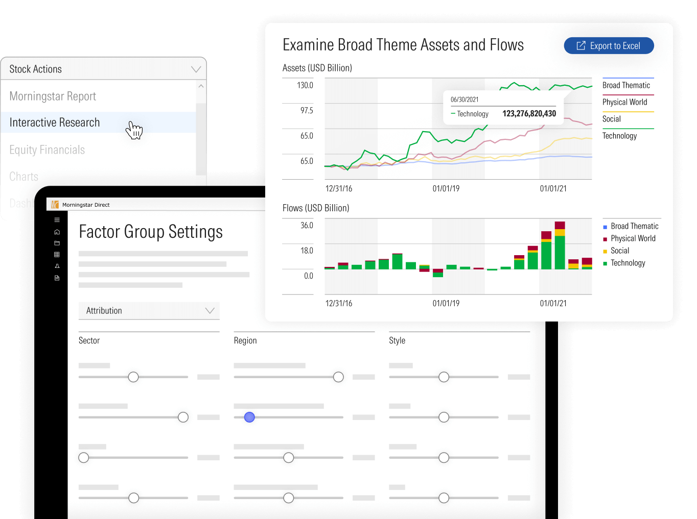 Examples of Interactive Research data views inside Morningstar Direct.