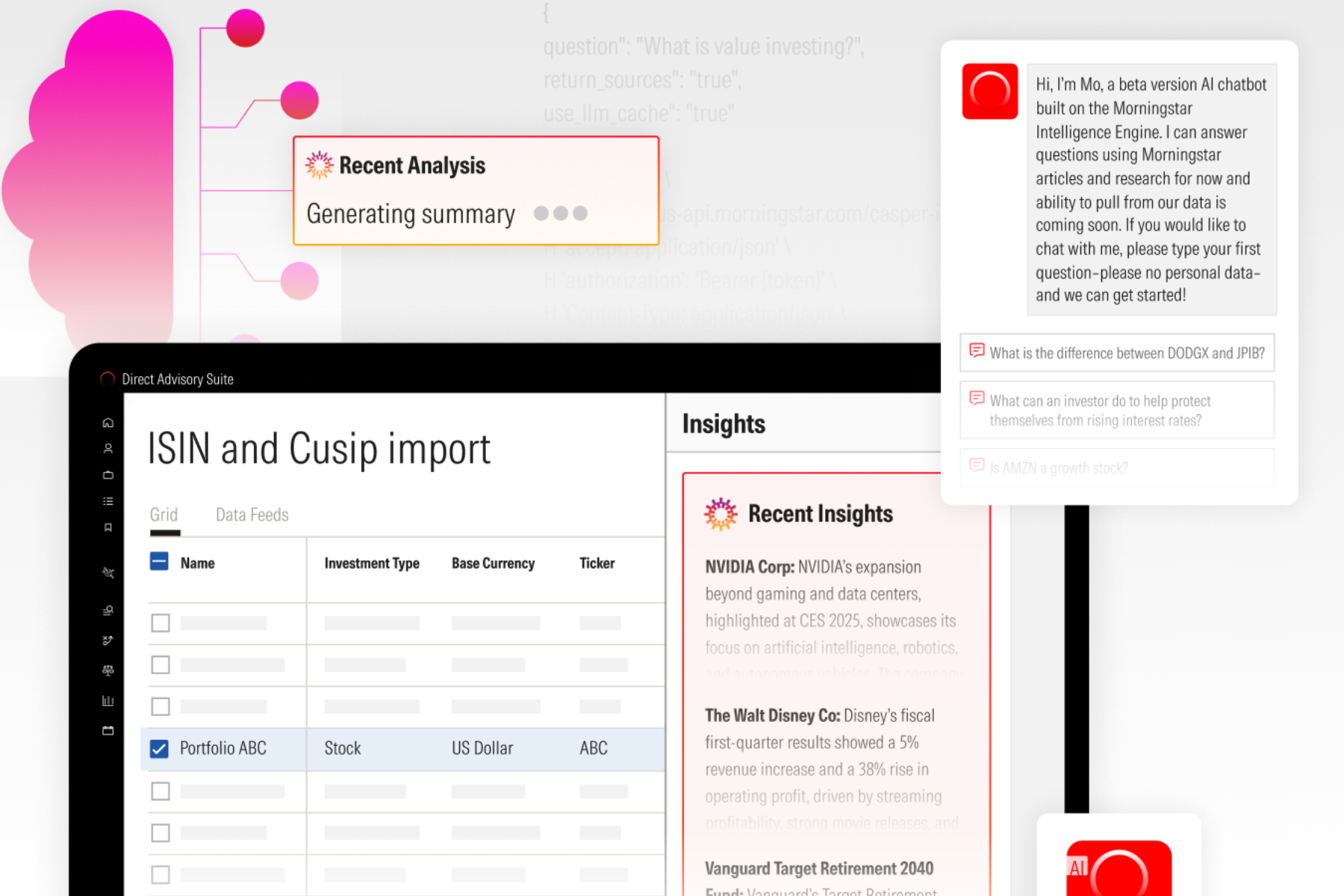 Realising AI’s potential demands a foundation of high-quality research and data to simplify and scale your strategies. Morningstar’s Direct AI Solutions help you personalise insights, enhance your decisions, keep pace with the industry and explore new horizons for investing success.