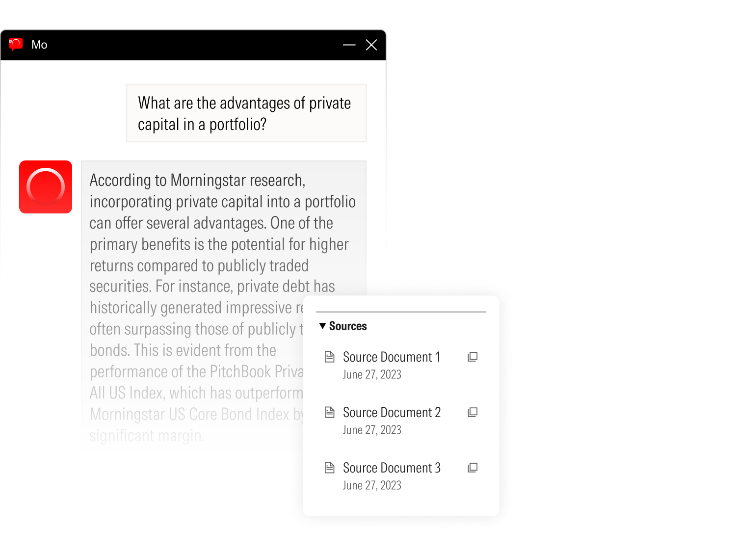 Illustration of the AI assistant chat with cited sources from Morningstar's original research.