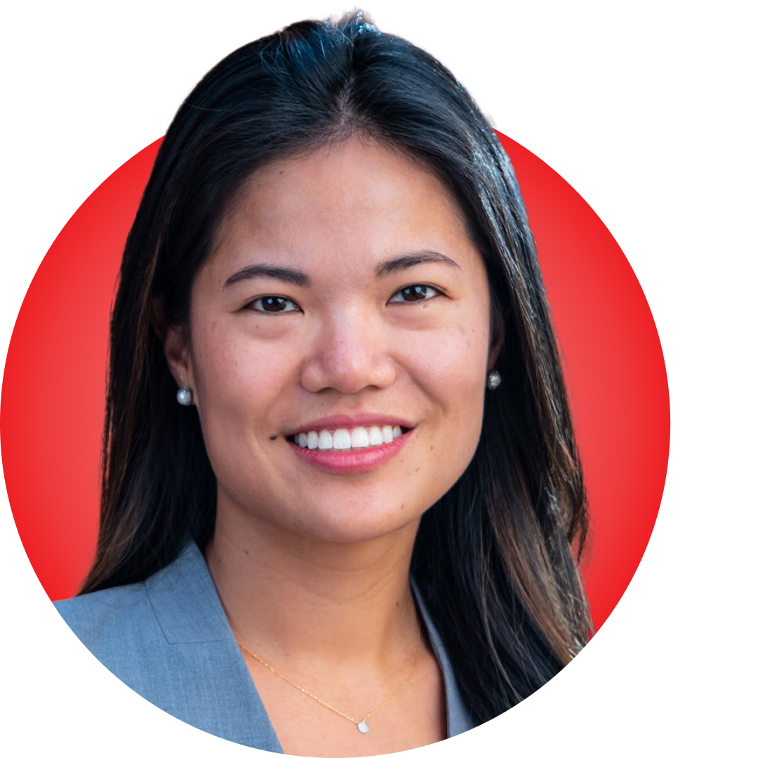 Headshot of Ling Wei Hew on a red circular background.