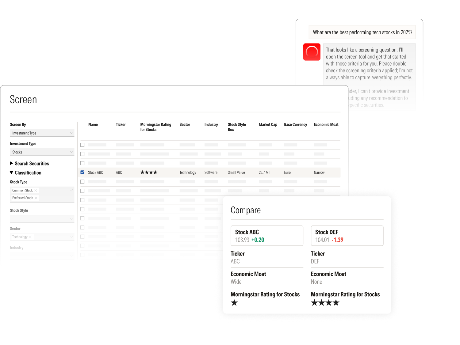 Illustration of the AI assistant feature for investment screening: Users can ask the chatbot a question to open a filtered list or a comparison of two stocks.