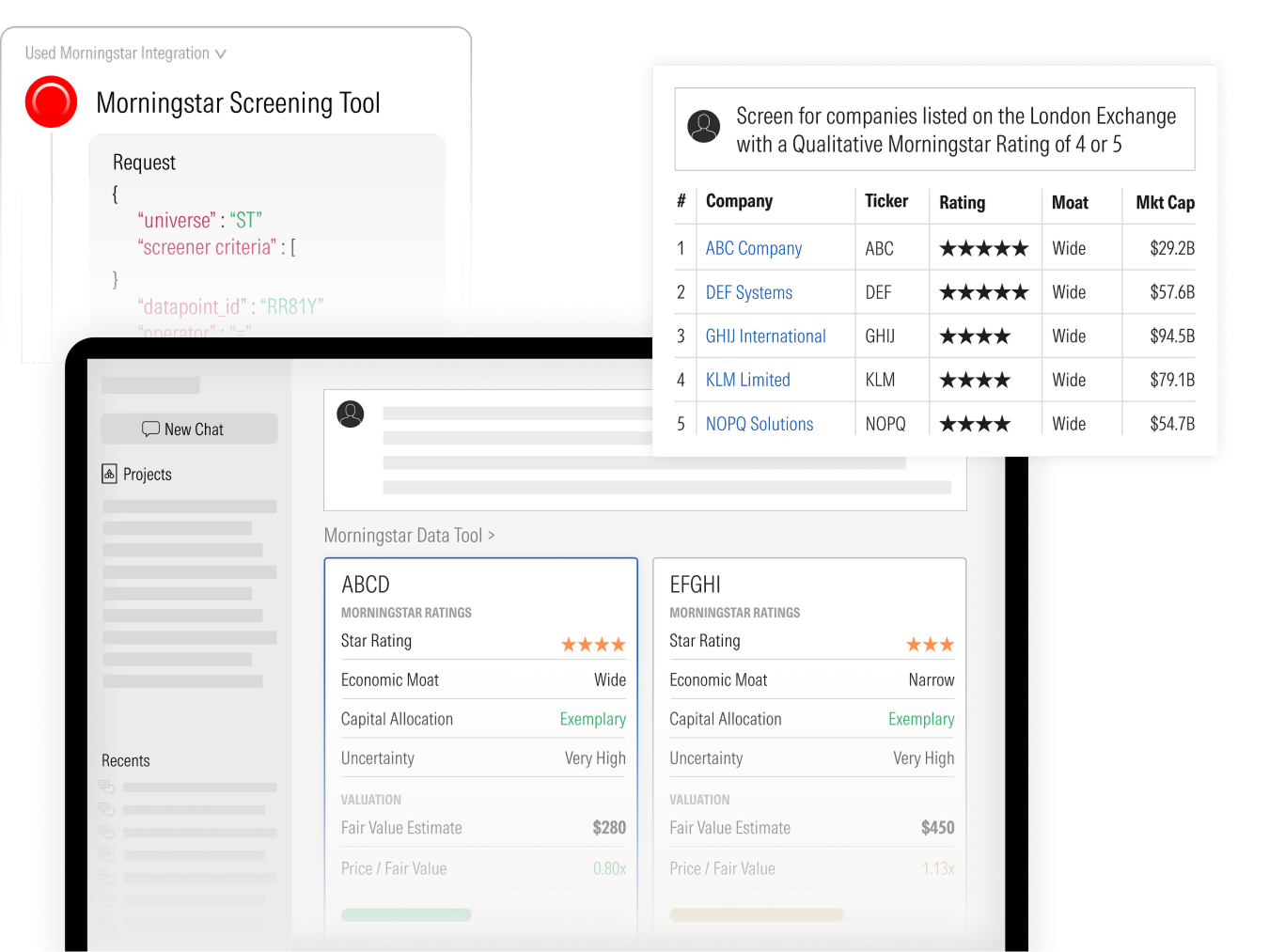 Composite interface graphic showing a Morningstar integration. A code request panel with screening criteria appears alongside a table of London Exchange companies with Morningstar ratings, overlaid on a dashboard displaying Morningstar data cards for NVDA and AMD, including star ratings, economic moat, valuation metrics, and fair value estimates.