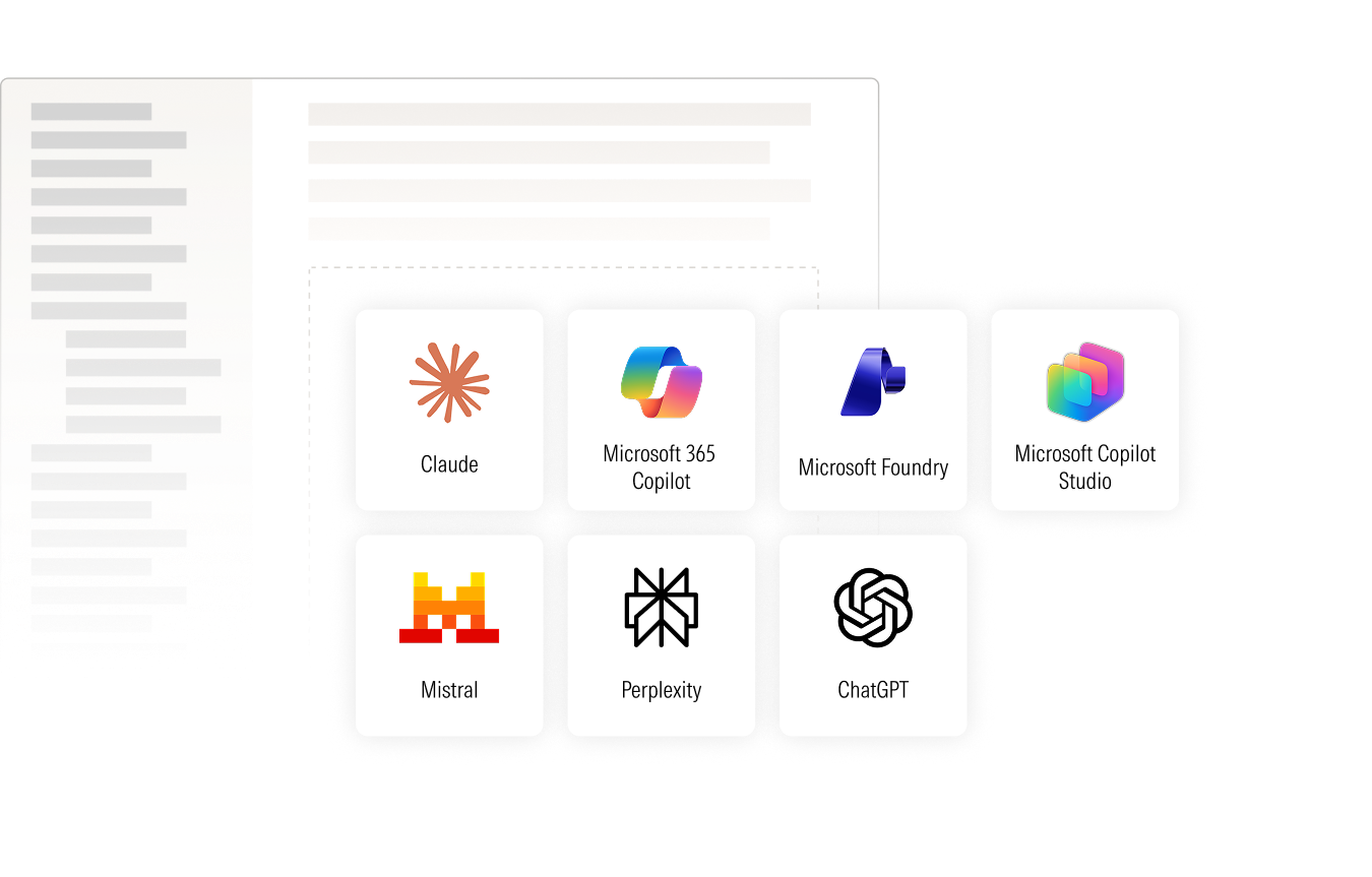 Grid of rounded square icons representing AI tools, including Claude, Microsoft 365 Copilot, Microsoft Foundry, Microsoft Copilot Studio, Mistral, Perplexity, and ChatGPT. The icons are arranged in a highlighted section within a larger interface layout.