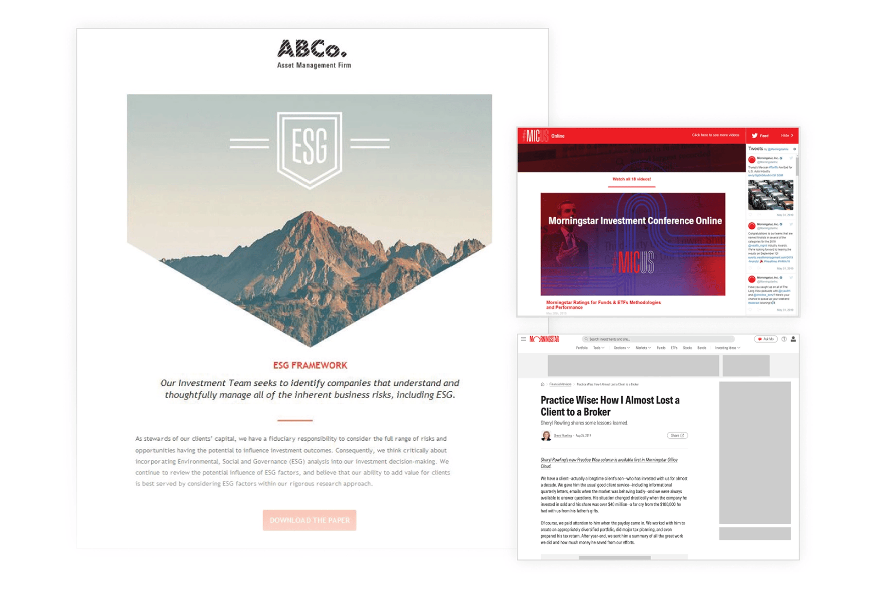 Collage of custom-branded reports, conference promotions, and articles targeting advisors.