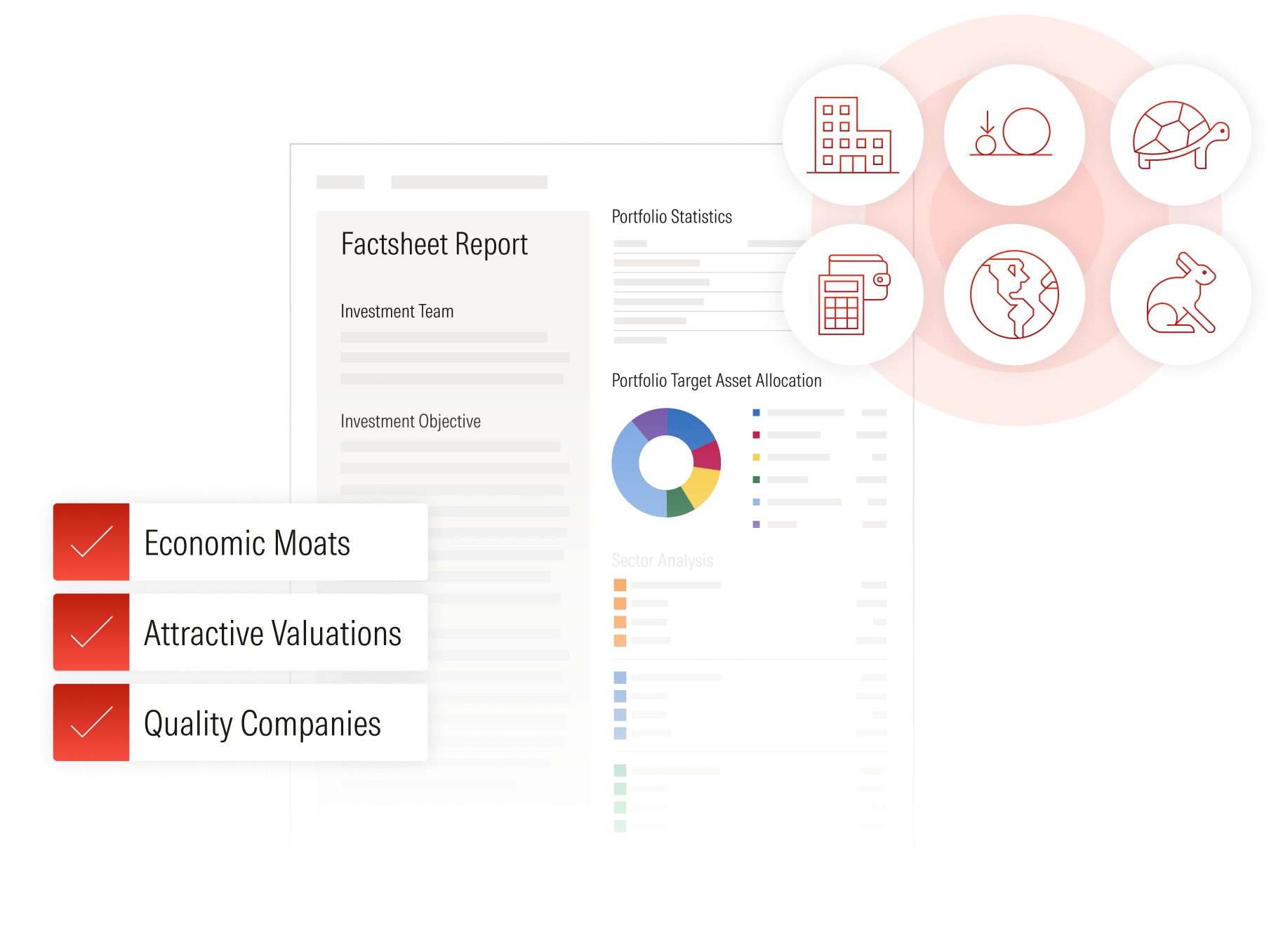 collage of images showcasing Morningstar Wealth's capabilities with iconography and an abstract version of a report