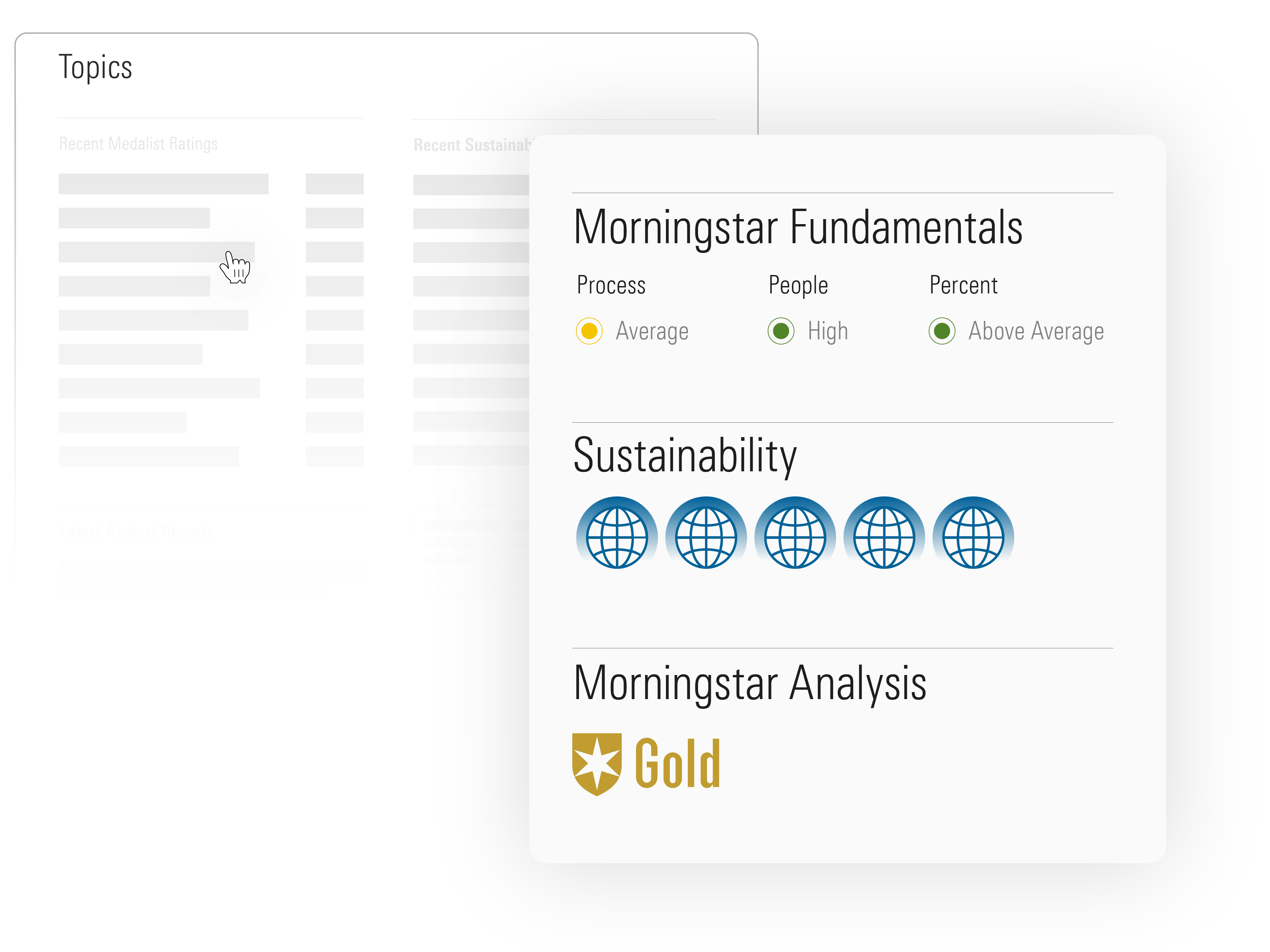 Illustration of Morningstar topics, including Morningstar Fundamentals, Sustainability, and Morningstar Analysis.