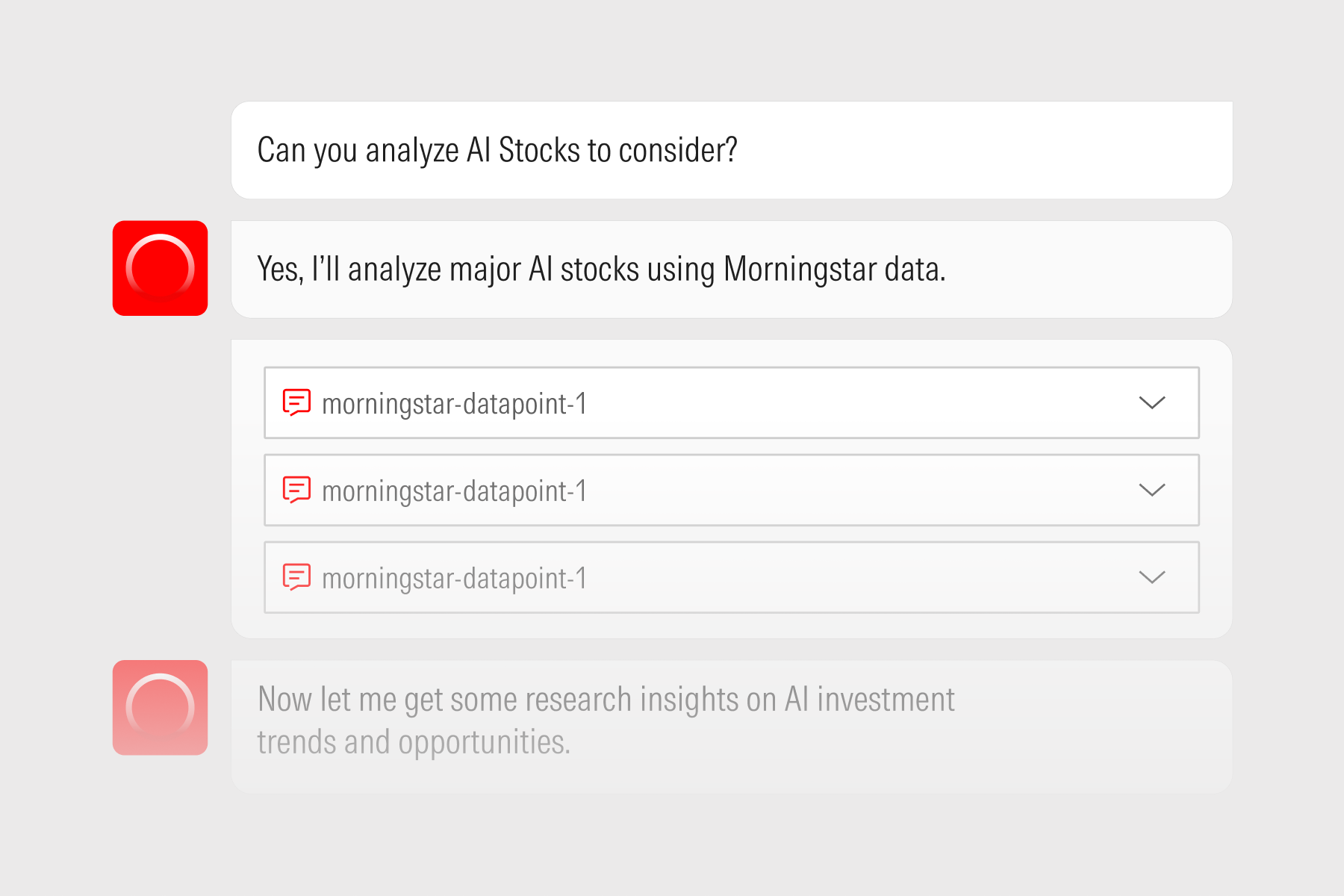 A user prompt instructing the Direct AI Agents to analyze major AI stocks using Morningstar data. 