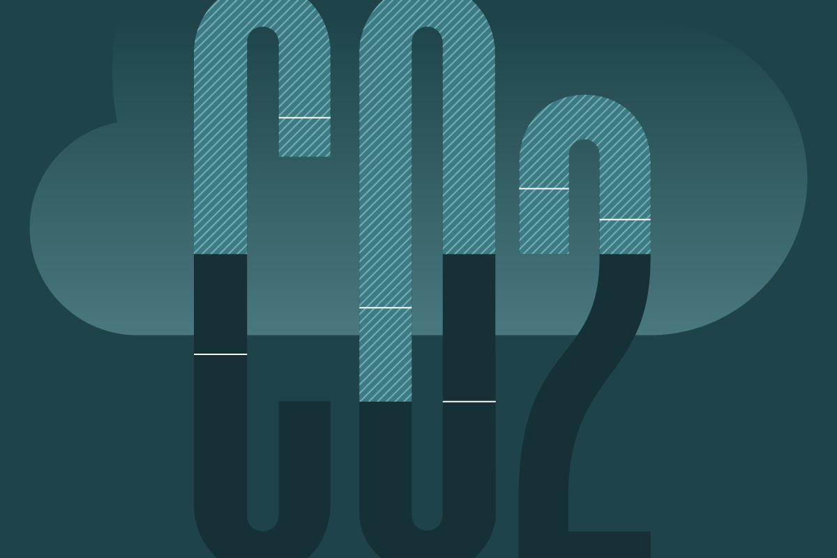 An illustration of the abbreviation CO2 with a cloud in the background.