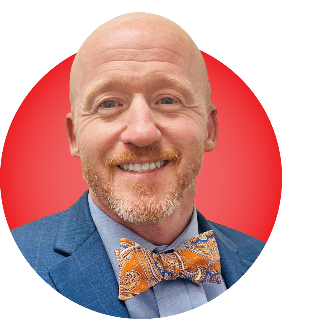 Headshot of Bill Slack on a red circular background.