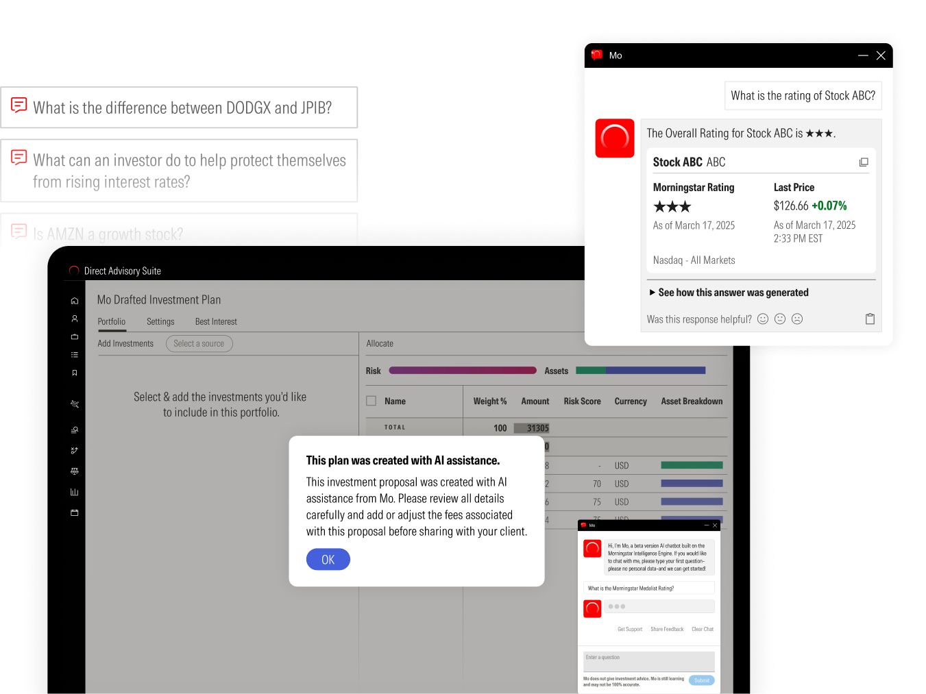 Illustration of Morningstar's AI tools for financial advisors, showing an investment research assistant and AI-generated investment proposal.