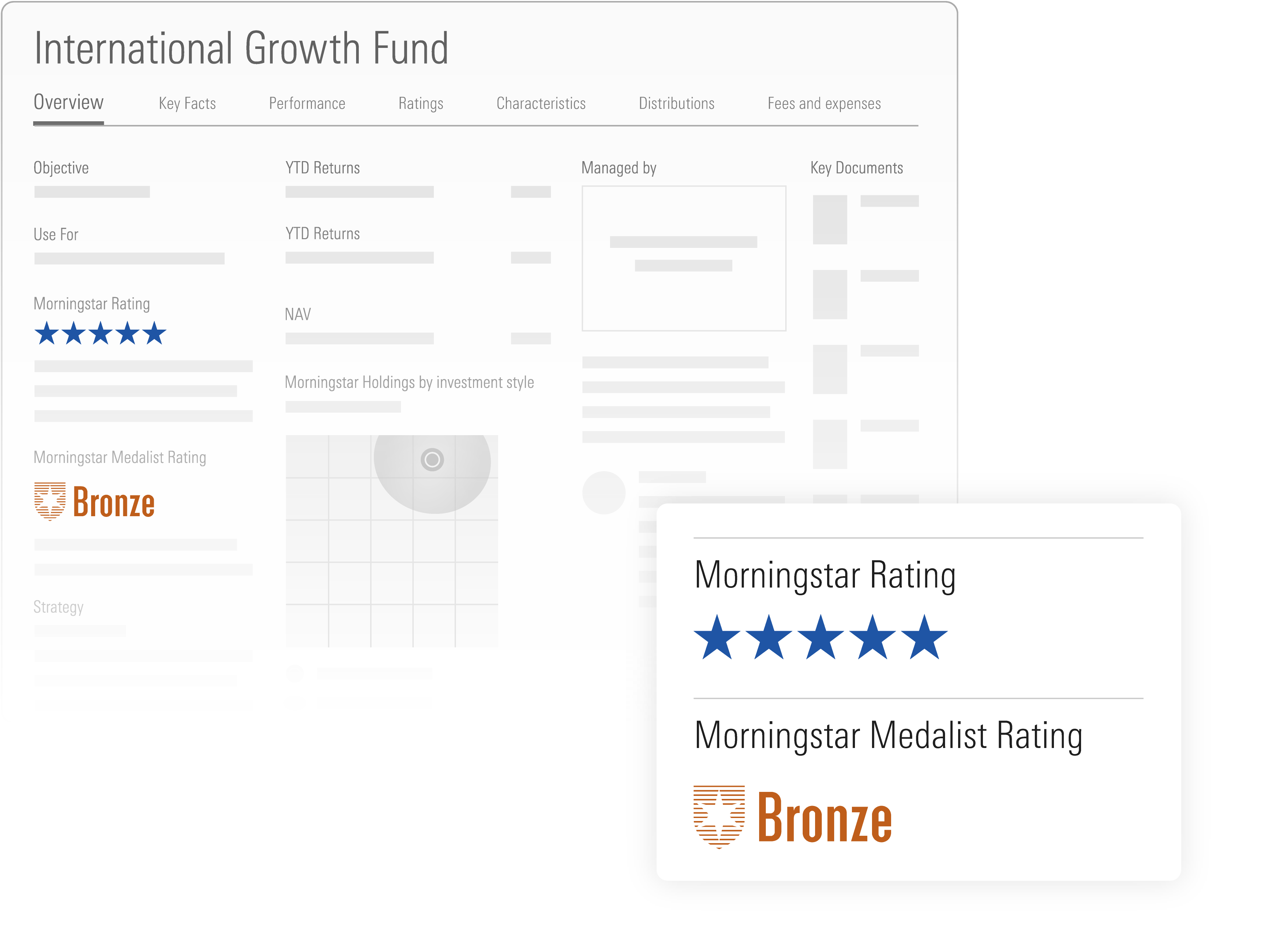 Illustration of a fund manager's website that markets investment products with Morningstar ratings and visualizations.
