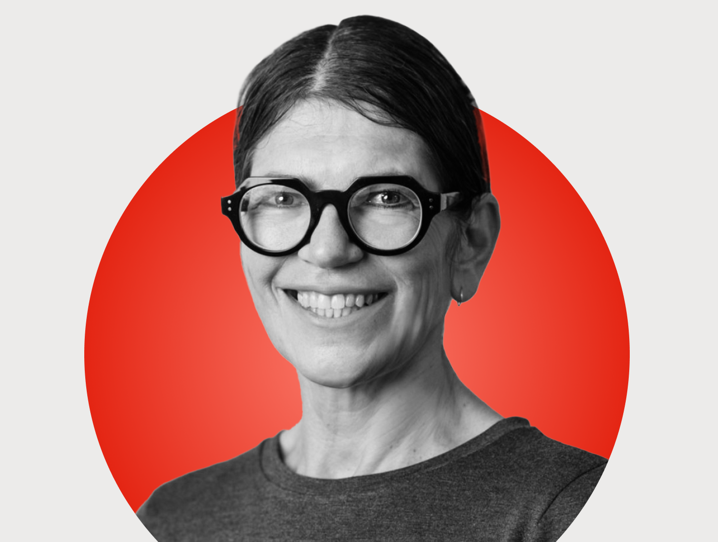 Headshot of Roseanne Howarth on a red circular background.