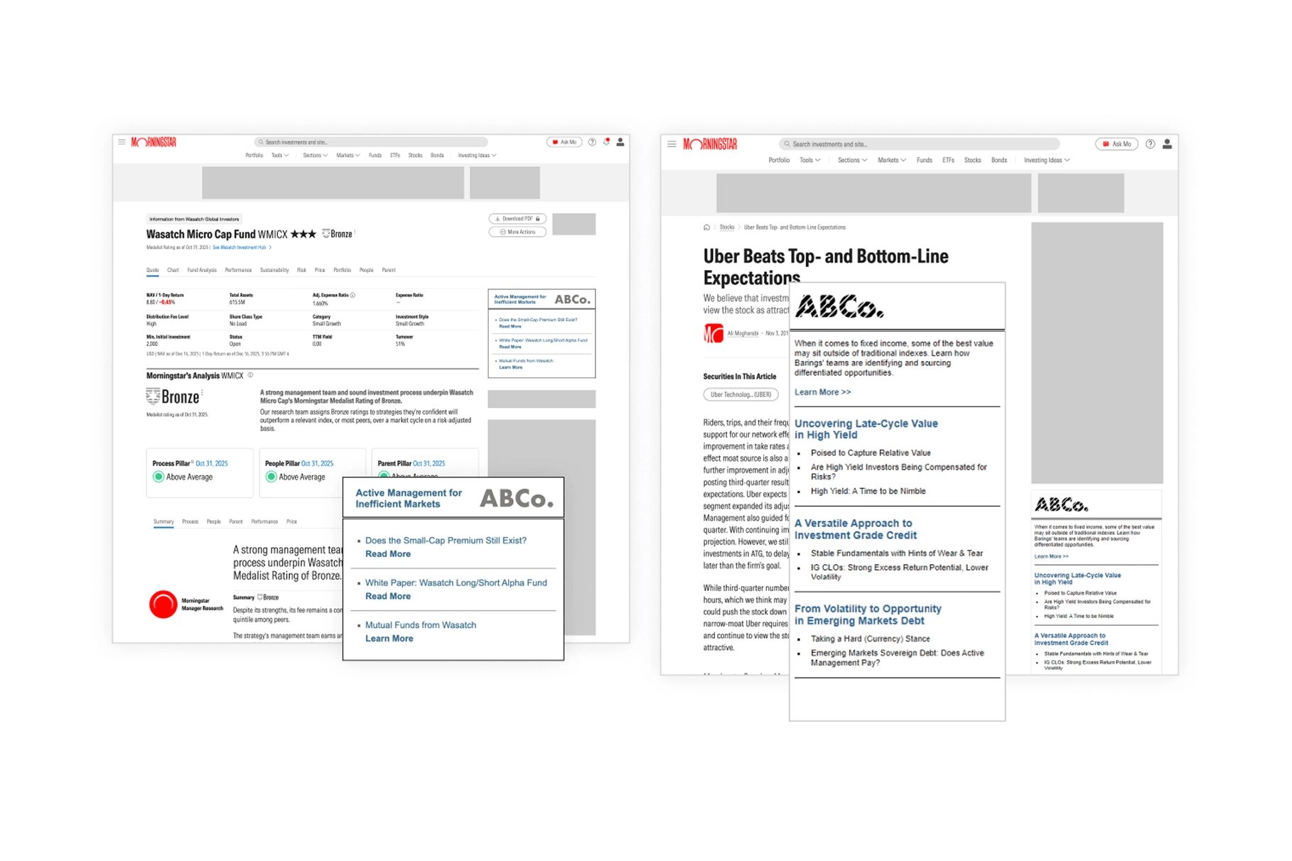 Module on morningstar.com fund reports and article pages, showcasing third-party branded content.