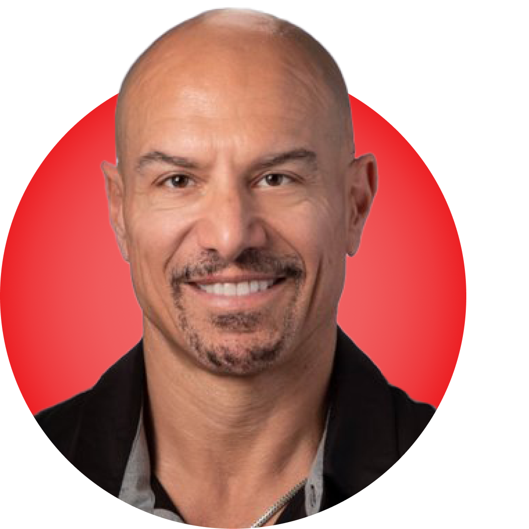 Headshot of Robert Laraia with a red circular background.