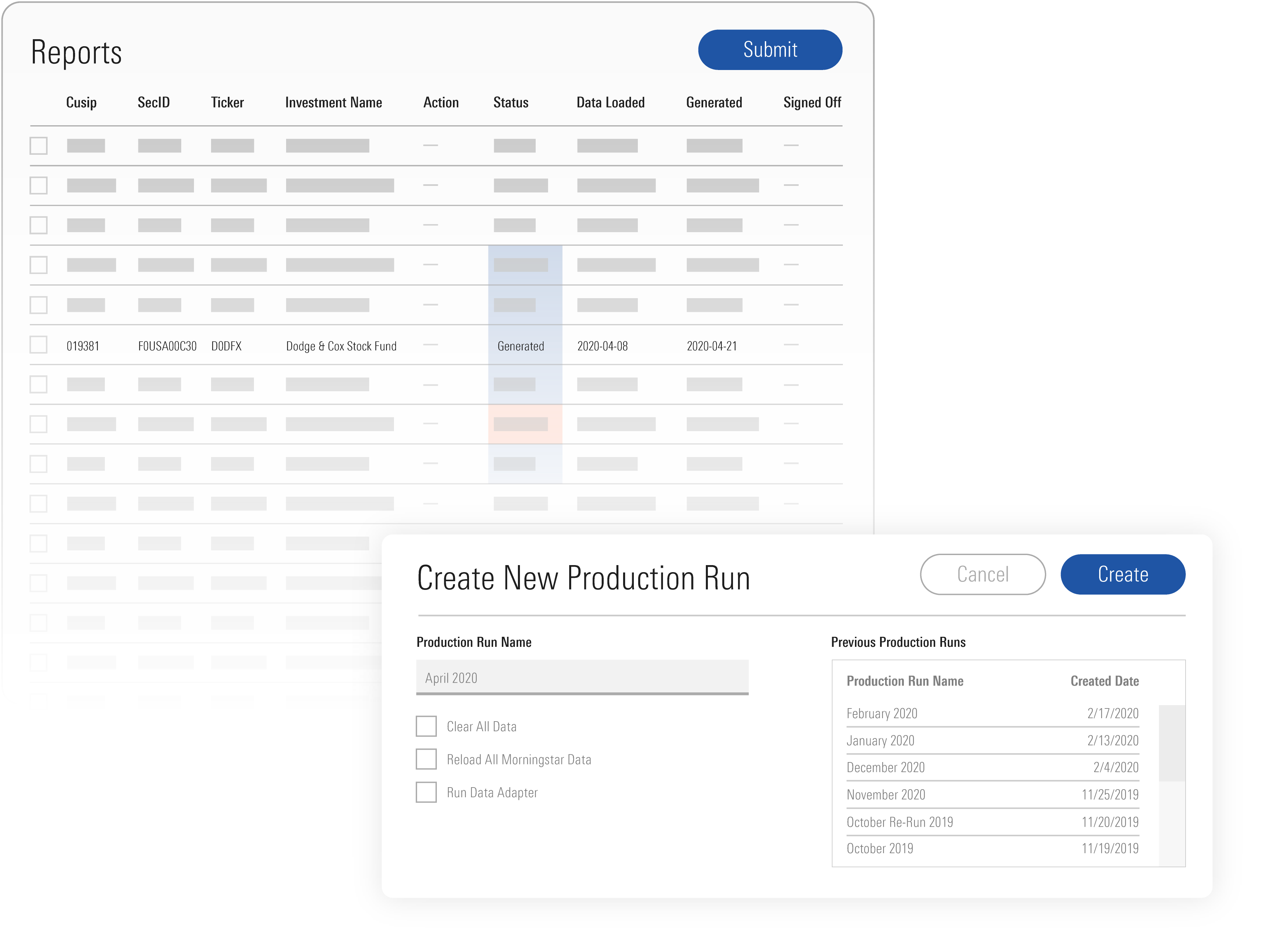 Illustration of reports dashboard and how to create a new production run.