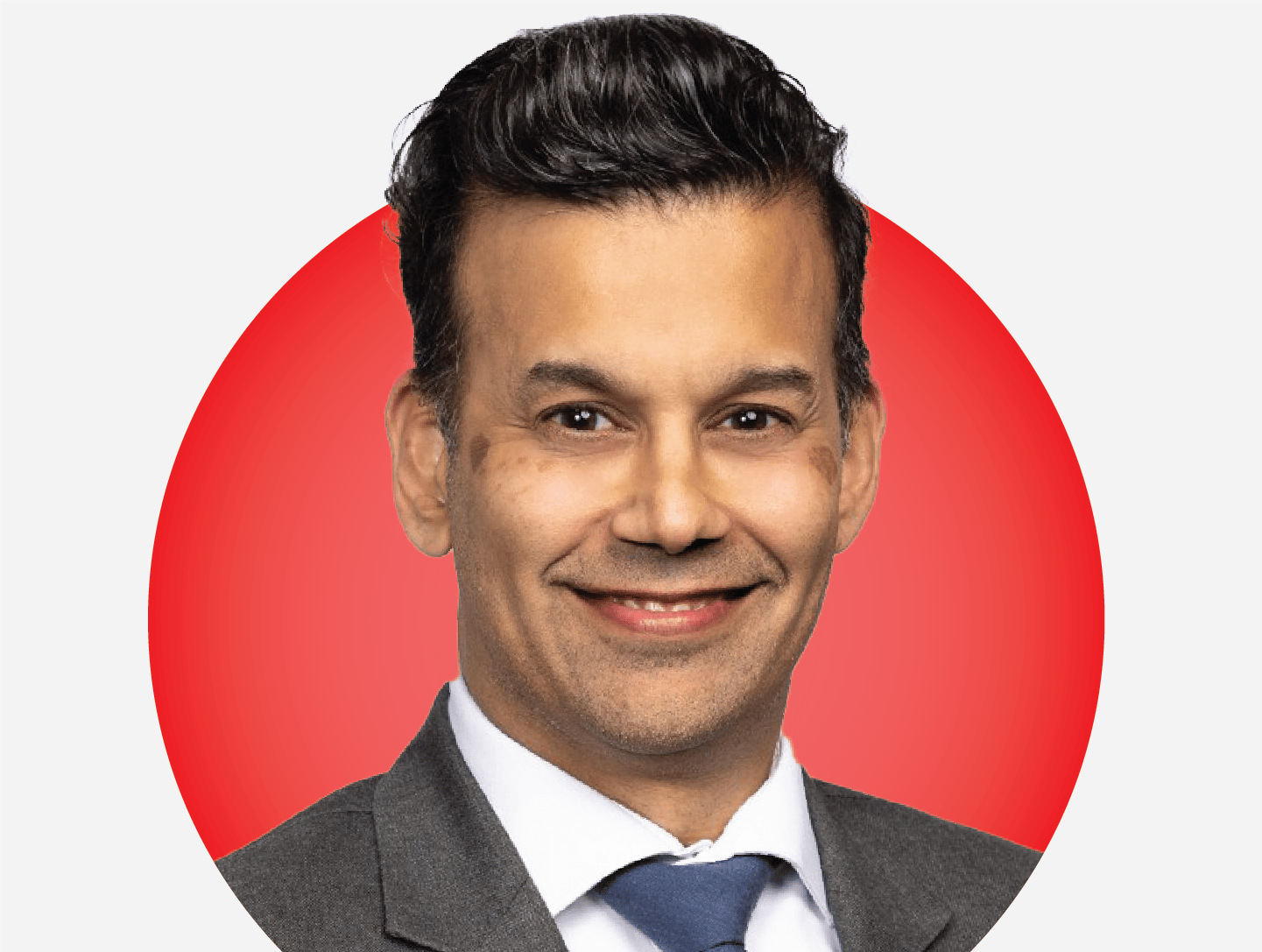 Headshot of Carlos Da Costa Frias on a red circular background.