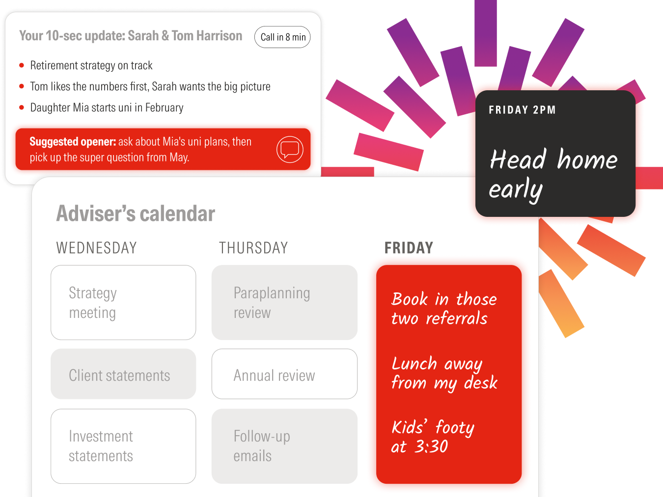 Evolve, our native AI advice ecosystem, drives efficiencies across the entire advice process, from meeting prep and file notes to AI client and strategy insights and advice production, so you have more time for clients, your team, and life outside work.