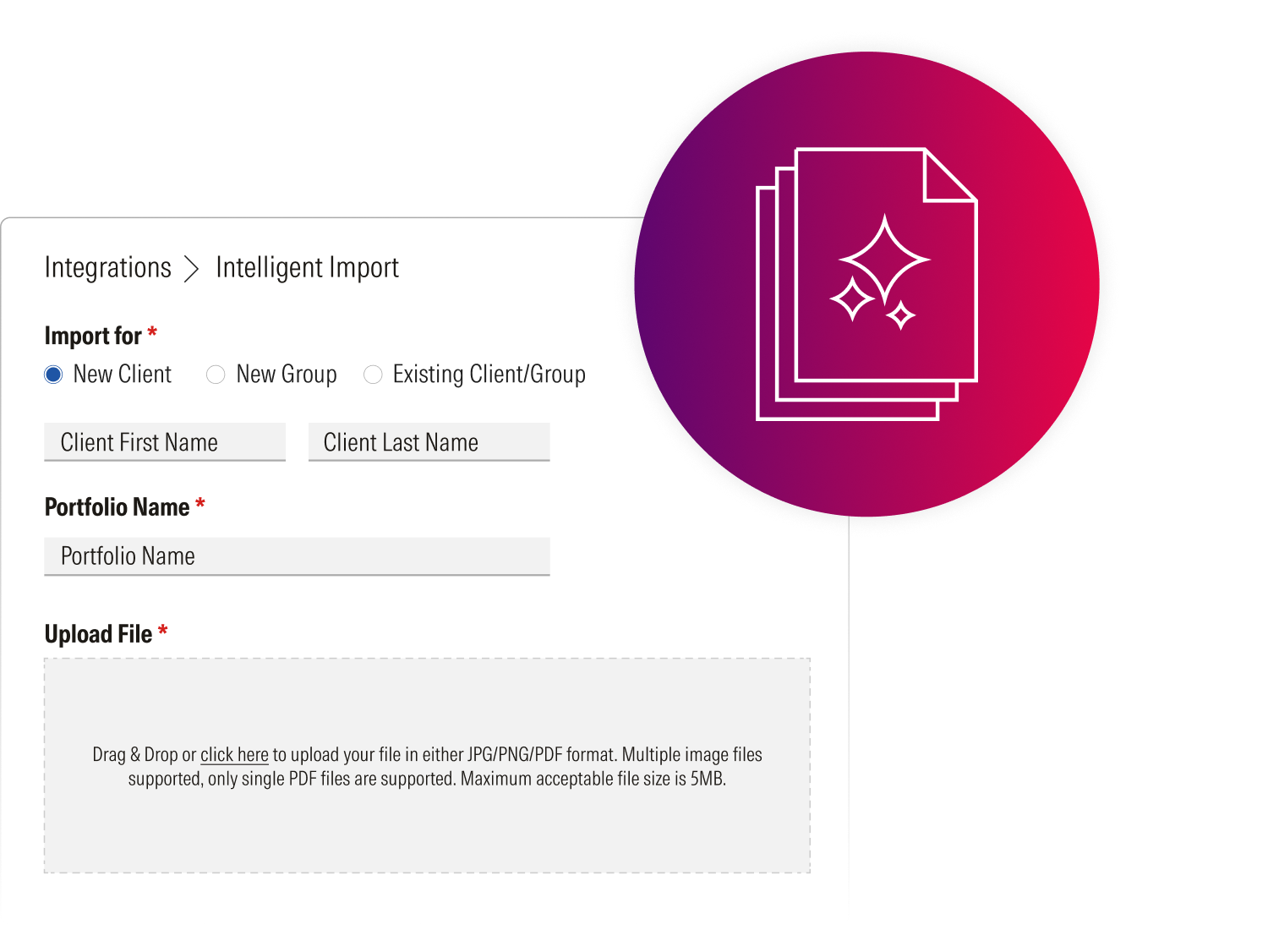 Illustration of the drag-and-drop import feature for financial statements from new or existing clients.