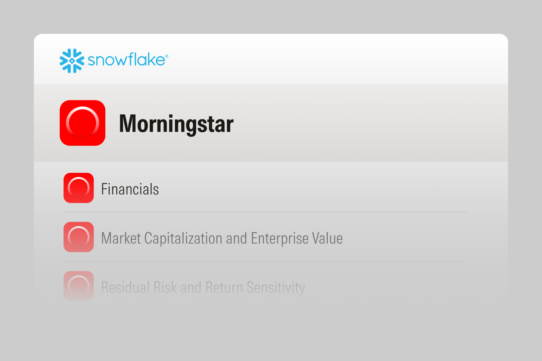 Illustration of Morningstar investment datasets in Snowflake Marketplace, including financials, market capitalization and enterprise value, and residual risk and return sensitivity.