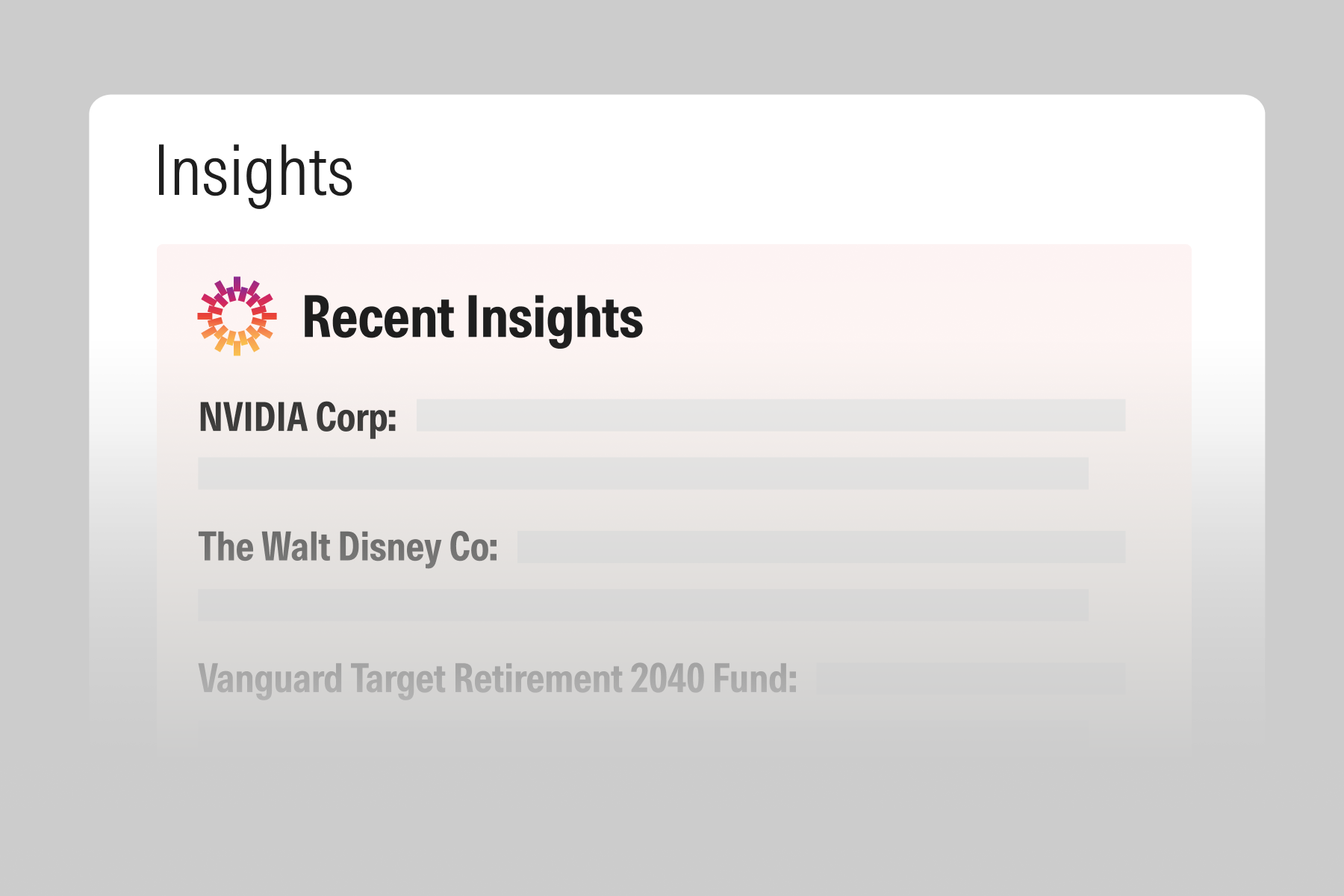 One of Morningstar’s AI investment tools, Direct AI Insights, analyzing NVIDIA Corp and The Walt Disney Co stocks, and the Vanguard Target Retirement 2040 Fund.