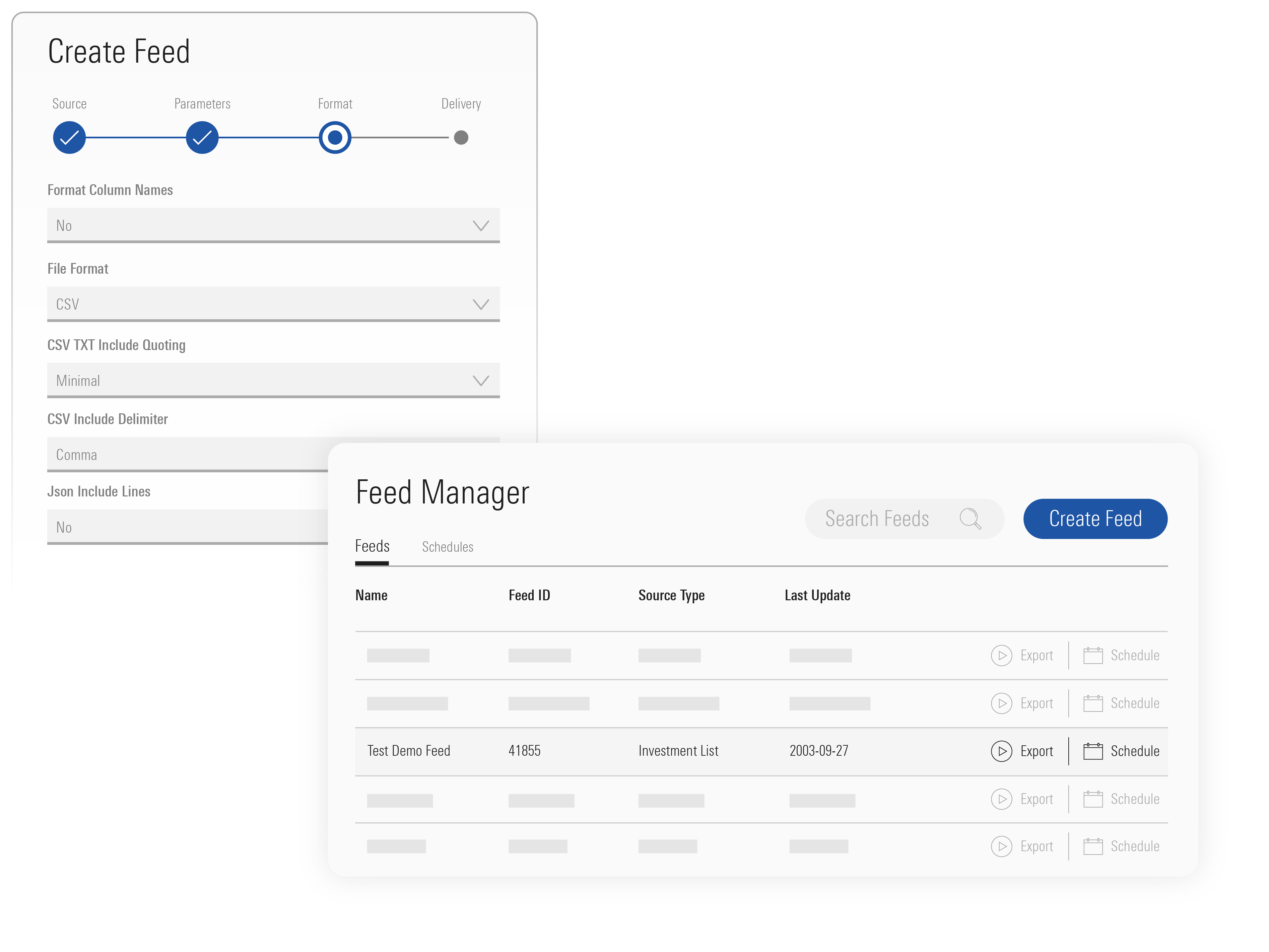 An illustration showing how to create a data feed and the feed manager view associated with Morningstar Licensed Data.