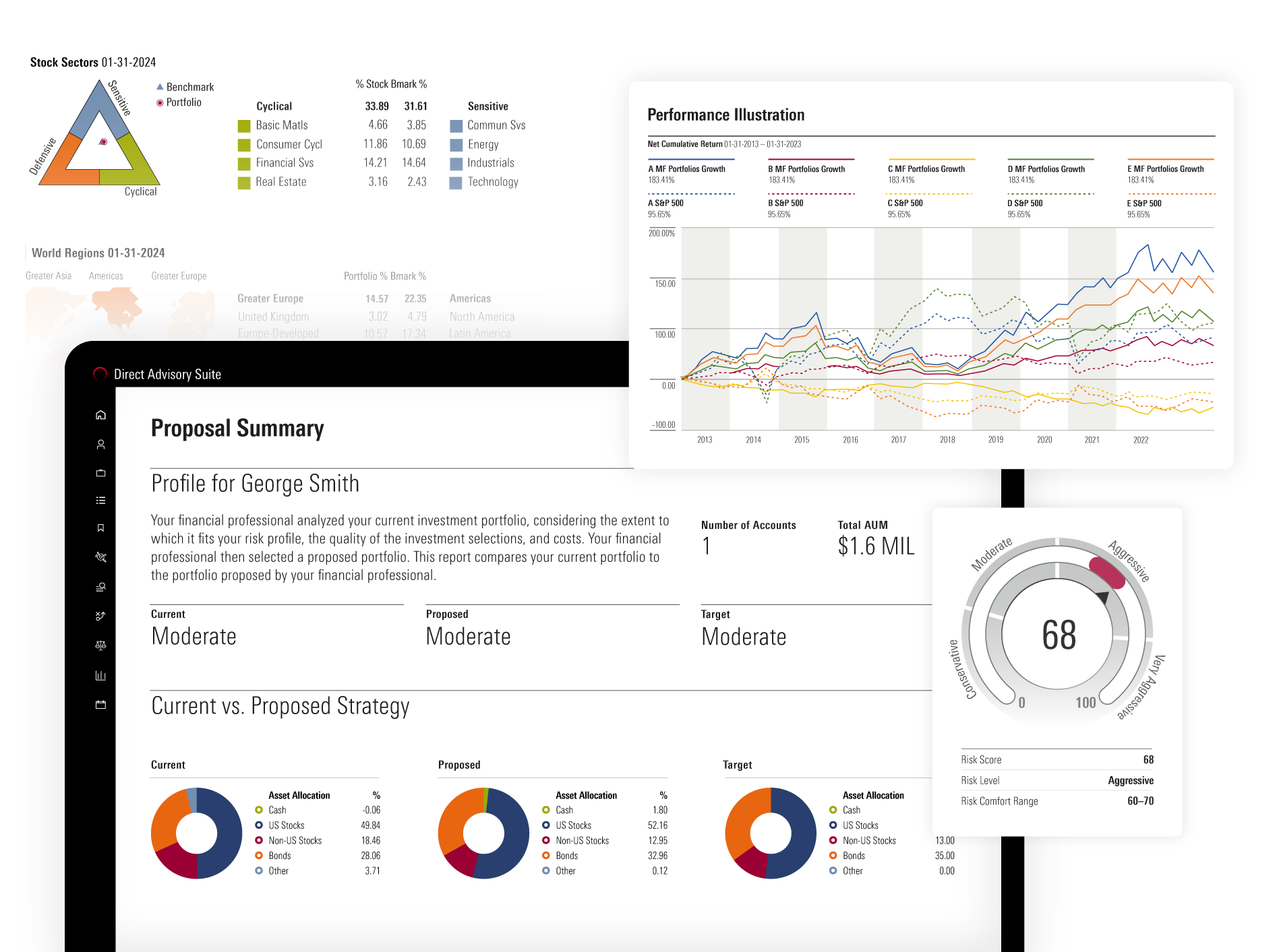 Sample images of client-facing investment reports, showing performance illustration, risk tolerance, asset allocation charts, and more.