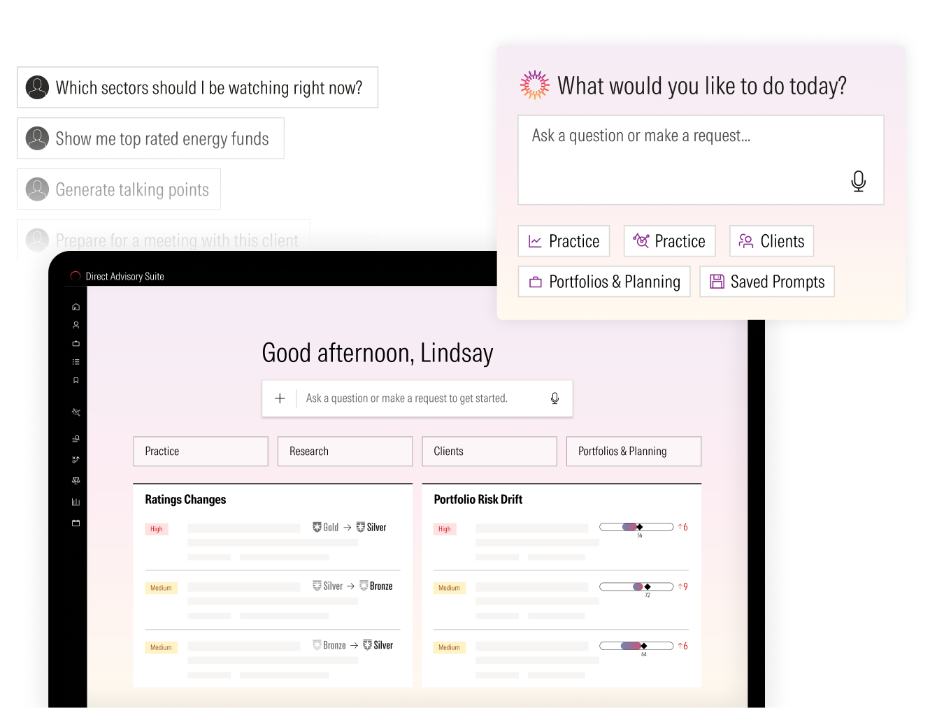 Illustration of Morningstar's AI tools for financial advisors, showing an investment research assistant and AI-generated investment proposal.