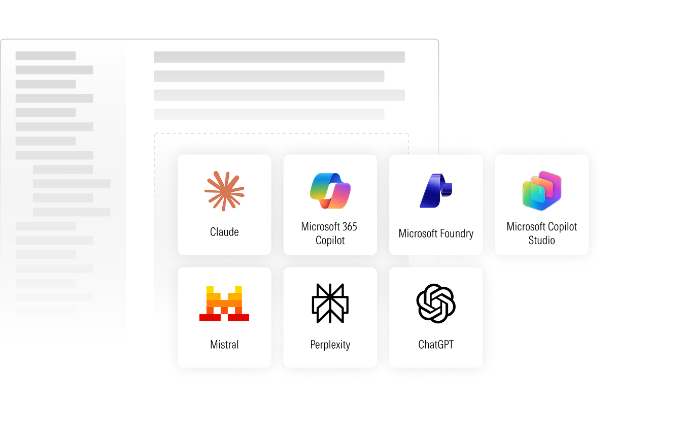 A screenshot of web application tiles shows a selection of AI platforms, including Claude, Microsoft 365 Copilot, Microsoft Foundry, Microsoft Copilot Studio, Mistral, Perplexity, and ChatGPT.