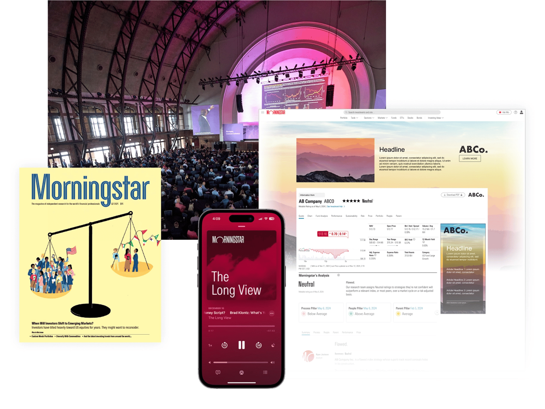 Collage of the Morningstar Investment Conference stage, the Long View podcast playing on a phone, a sponsored fund page, and Morningstar magazine.