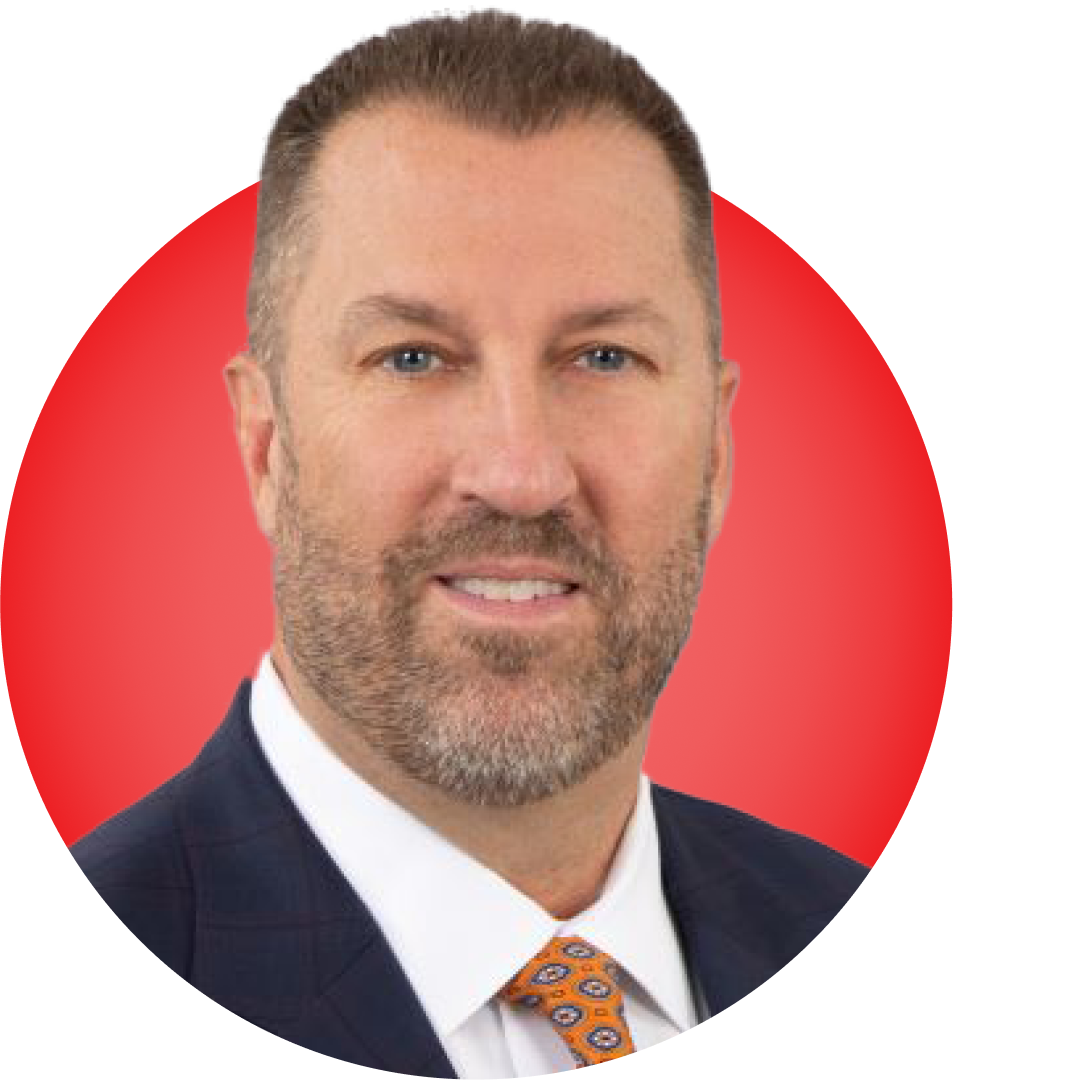 Headshot of Bill Elmslie on a red circular background.