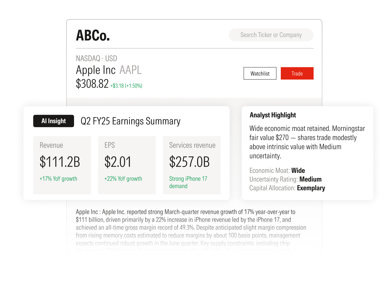 Financial app interface showing Apple Inc. (AAPL) stock on NASDAQ at $214.72 (+1.50%), with an AI-generated Q2 FY25 earnings summary: revenue $95.4B (+5% YoY), EPS $1.65 (above estimates), and services revenue $26.6B (+14% YoY, record). Side panels highlight analyst commentary noting a wide economic moat and medium uncertainty, along with key changes including stronger services growth, a $20B increase in buyback authorization, and an 8% YoY decline in Greater China revenue.