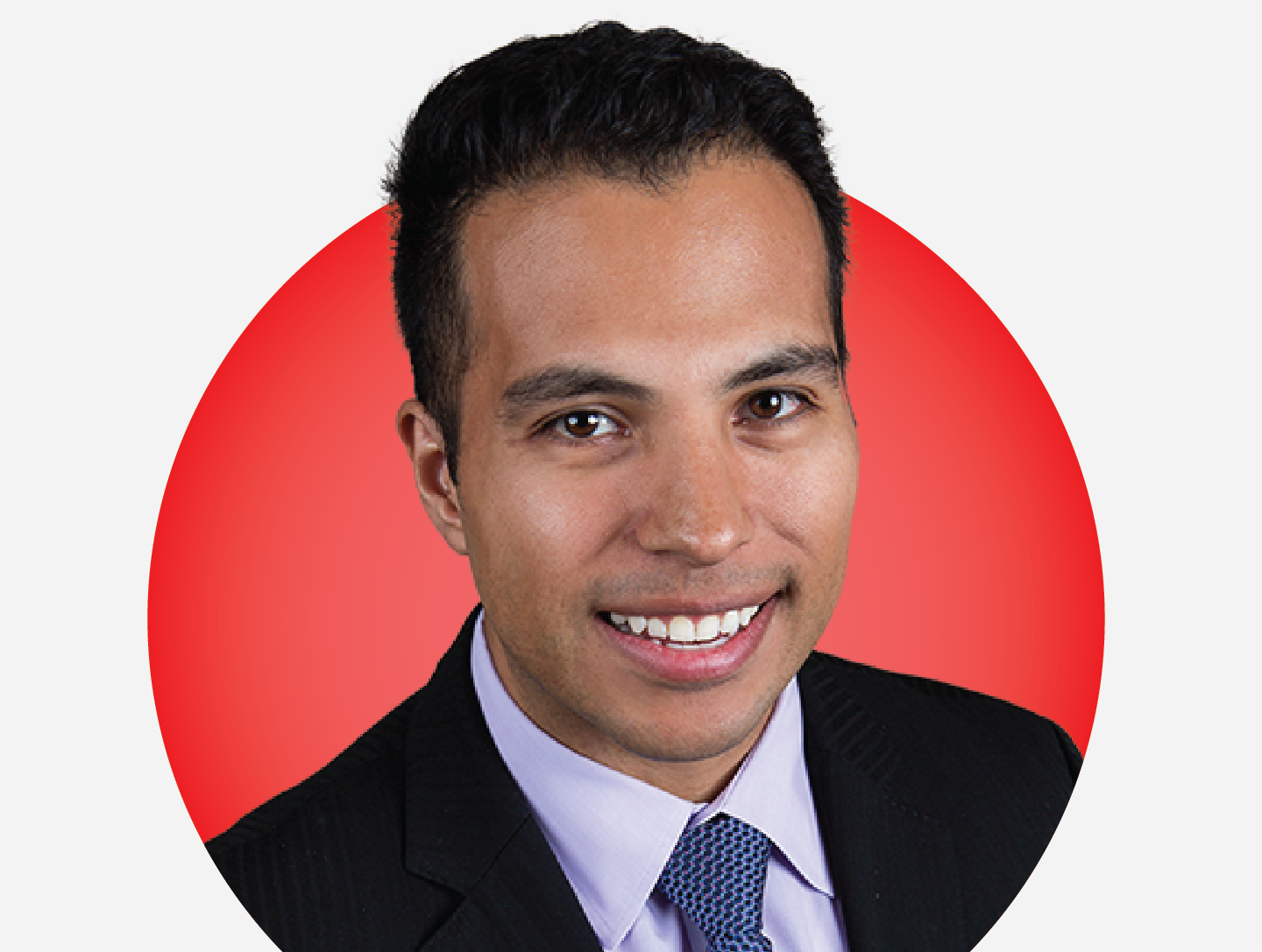 Headshot of Rob Gee on a red circular background.