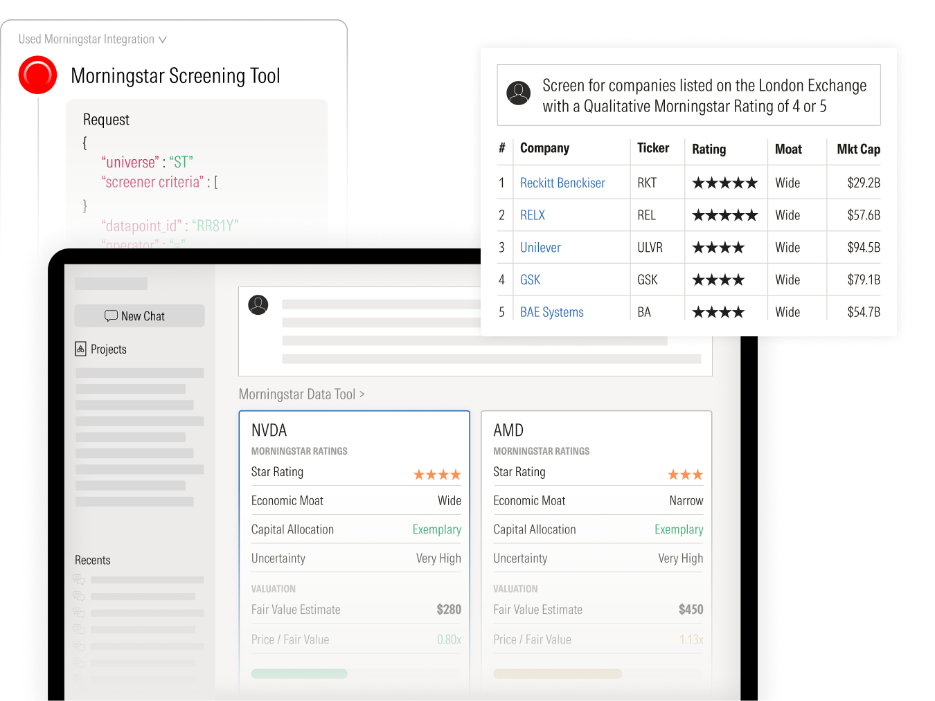 Composite interface graphic showing a Morningstar integration. A code request panel with screening criteria appears alongside a table of London Exchange companies with Morningstar ratings, overlaid on a dashboard displaying Morningstar data cards for NVDA and AMD, including star ratings, economic moat, valuation metrics, and fair value estimates.